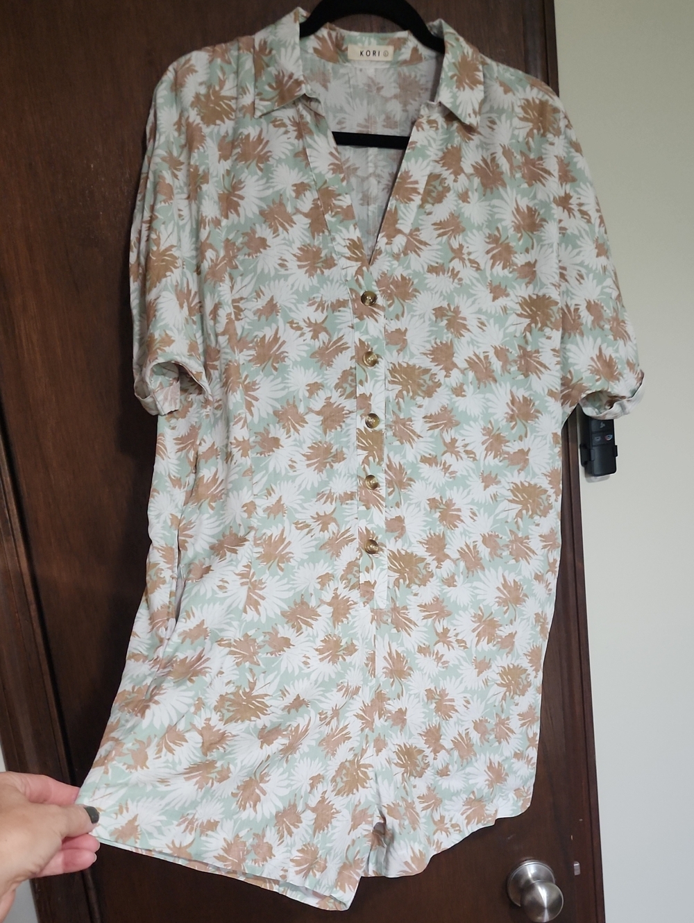 Kori Mint & Tan Floral Short Sleeve Button-Front Romper